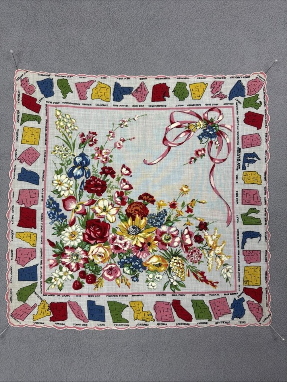 1950s United States & State Flowers Handkerchief features 48 States hankie